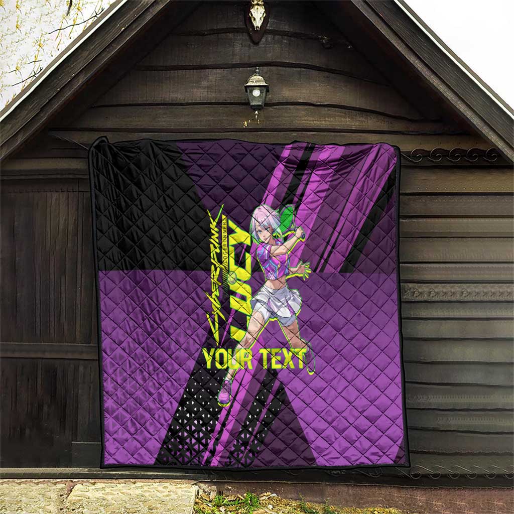 Personalized Lucy Tennis Design Quilt with a Cyberpunk Edgerunners Theme Featuring Neon Purple and Dynamic Poses
