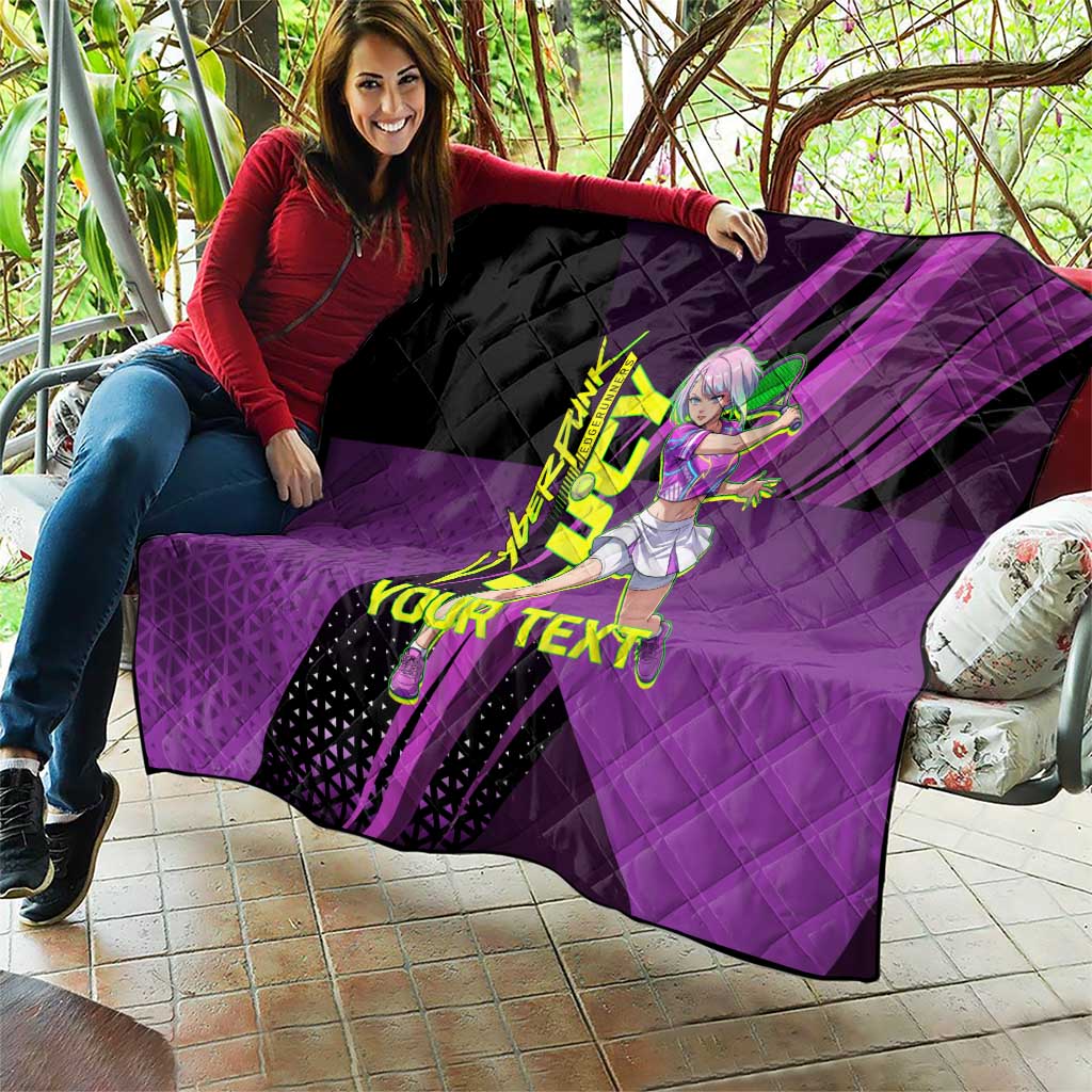 Personalized Lucy Tennis Design Quilt with a Cyberpunk Edgerunners Theme Featuring Neon Purple and Dynamic Poses