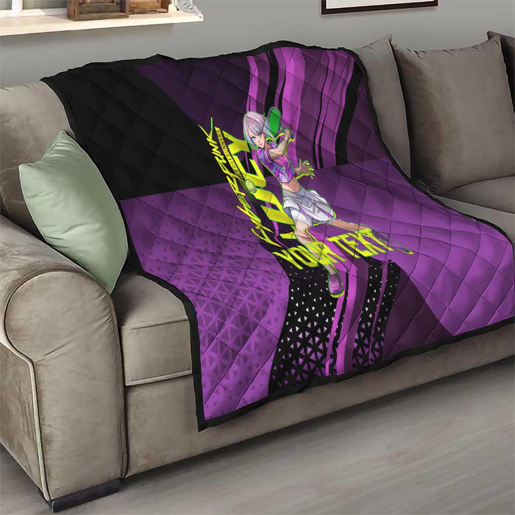 Personalized Lucy Tennis Design Quilt with a Cyberpunk Edgerunners Theme Featuring Neon Purple and Dynamic Poses