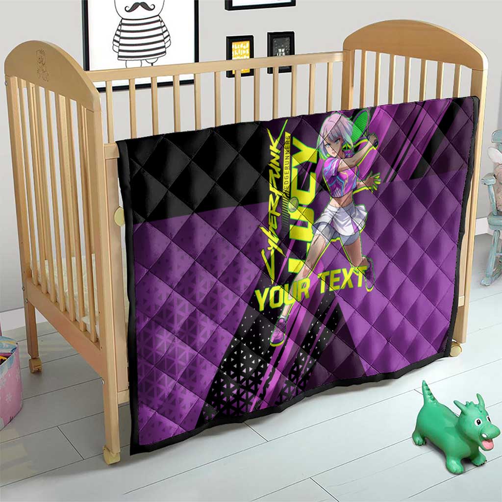 Personalized Lucy Tennis Design Quilt with a Cyberpunk Edgerunners Theme Featuring Neon Purple and Dynamic Poses