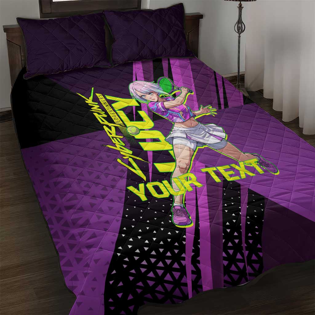 Personalized Lucy Tennis Design Quilt Bed Set with a Cyberpunk Edgerunners Theme Featuring Neon Purple and Dynamic Poses