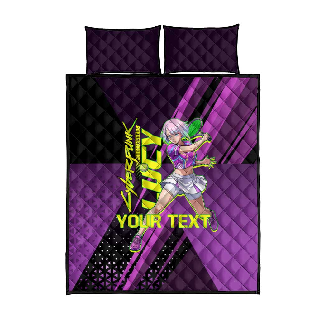 Personalized Lucy Tennis Design Quilt Bed Set with a Cyberpunk Edgerunners Theme Featuring Neon Purple and Dynamic Poses