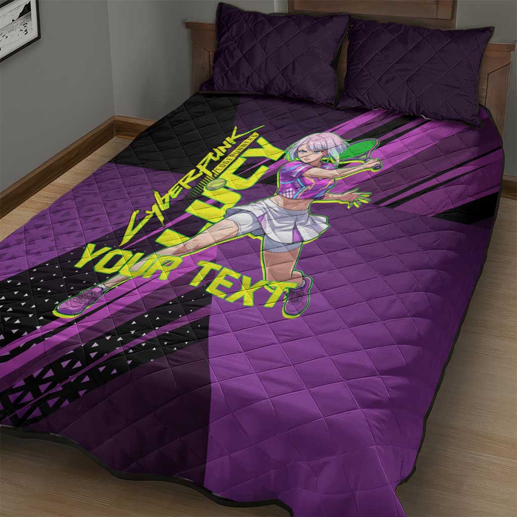 Personalized Lucy Tennis Design Quilt Bed Set with a Cyberpunk Edgerunners Theme Featuring Neon Purple and Dynamic Poses