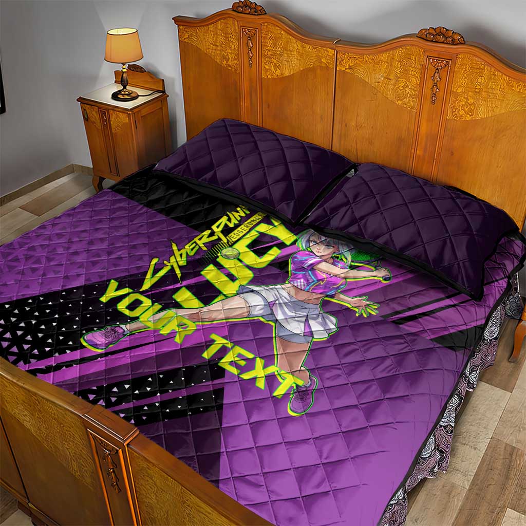 Personalized Lucy Tennis Design Quilt Bed Set with a Cyberpunk Edgerunners Theme Featuring Neon Purple and Dynamic Poses