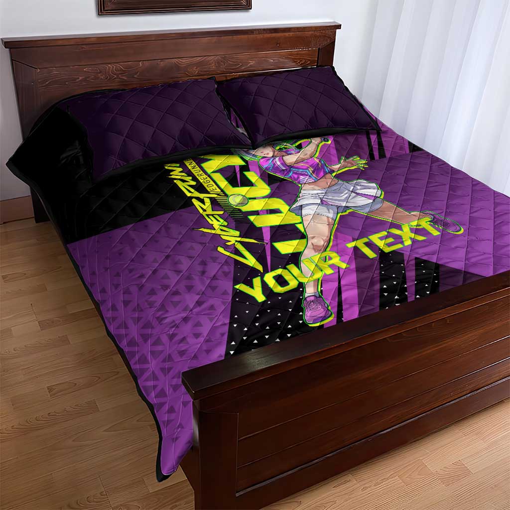 Personalized Lucy Tennis Design Quilt Bed Set with a Cyberpunk Edgerunners Theme Featuring Neon Purple and Dynamic Poses