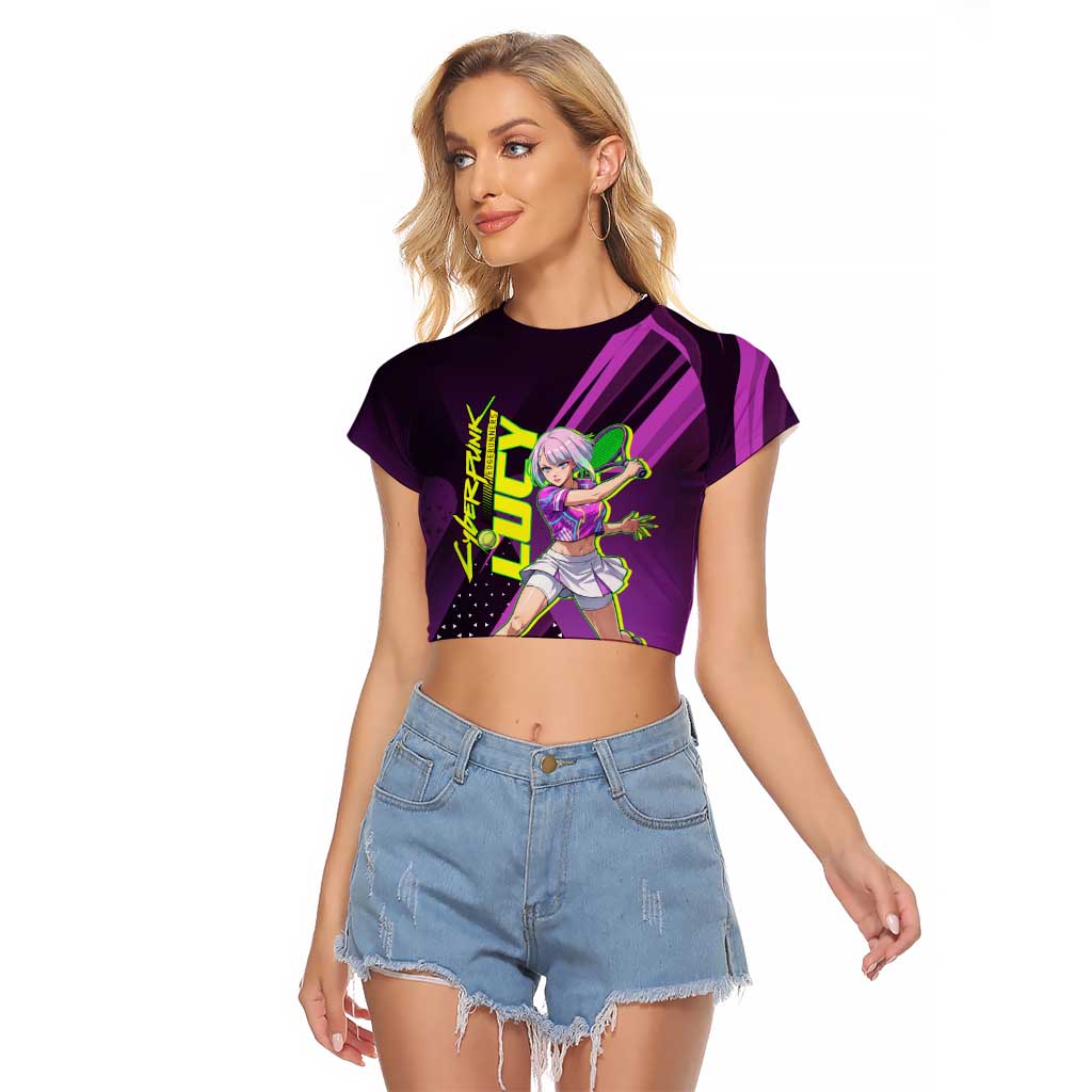 Personalized Lucy Tennis Design Raglan Cropped T Shirt with a Cyberpunk Edgerunners Theme Featuring Neon Purple and Dynamic Poses