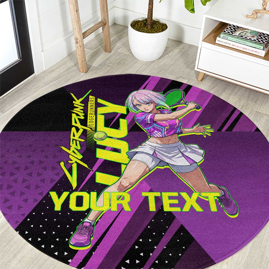 Personalized Lucy Tennis Design Round Carpet with a Cyberpunk Edgerunners Theme Featuring Neon Purple and Dynamic Poses