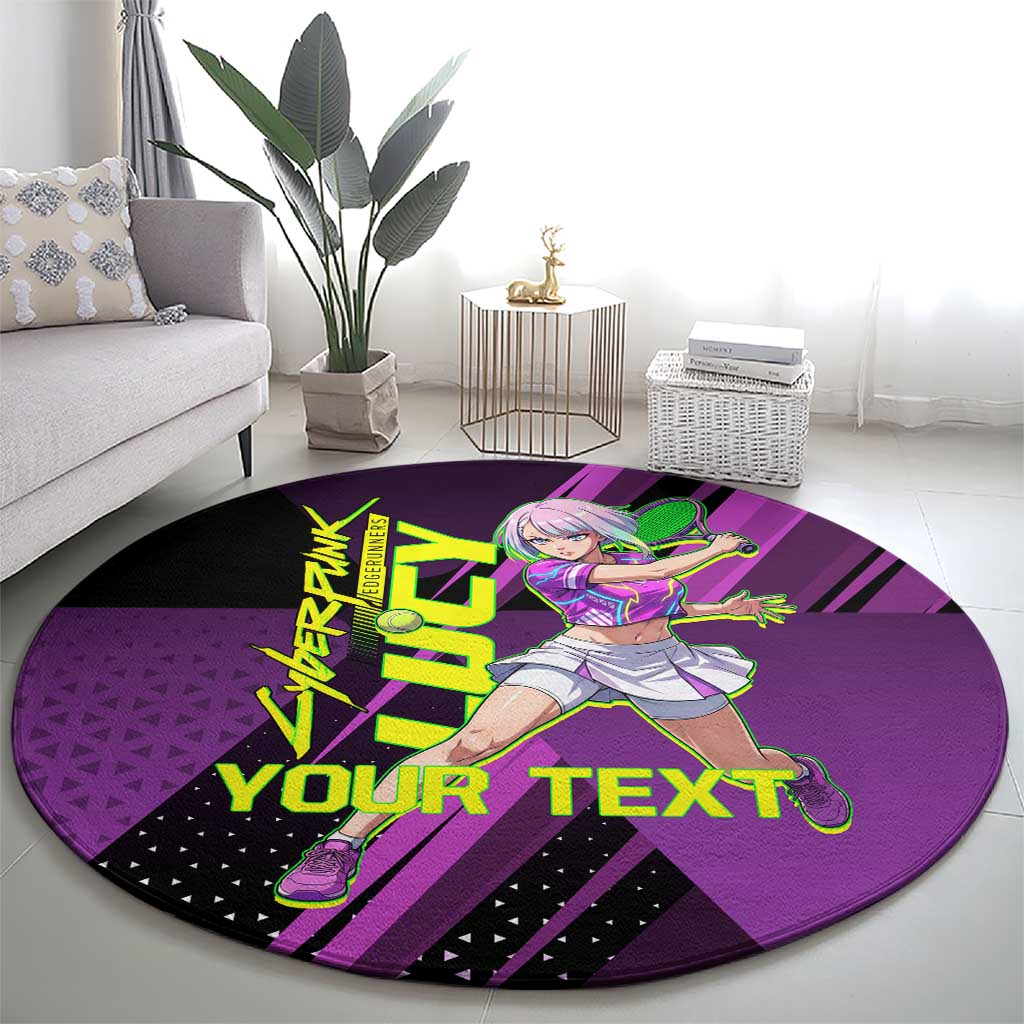 Personalized Lucy Tennis Design Round Carpet with a Cyberpunk Edgerunners Theme Featuring Neon Purple and Dynamic Poses