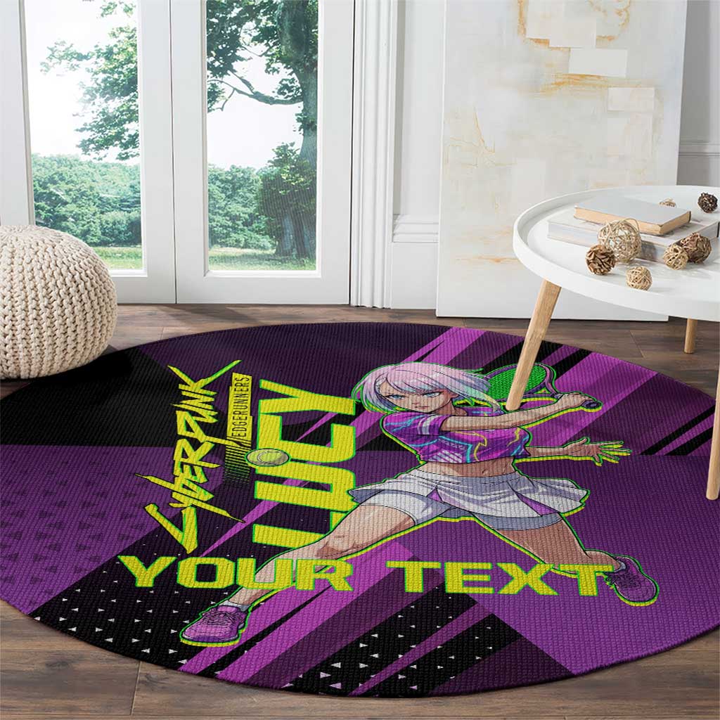 Personalized Lucy Tennis Design Round Carpet with a Cyberpunk Edgerunners Theme Featuring Neon Purple and Dynamic Poses