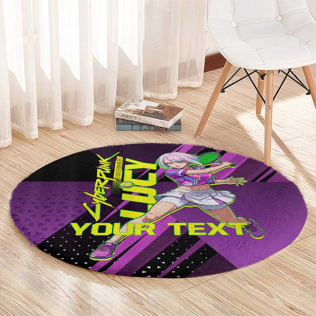 Personalized Lucy Tennis Design Round Carpet with a Cyberpunk Edgerunners Theme Featuring Neon Purple and Dynamic Poses