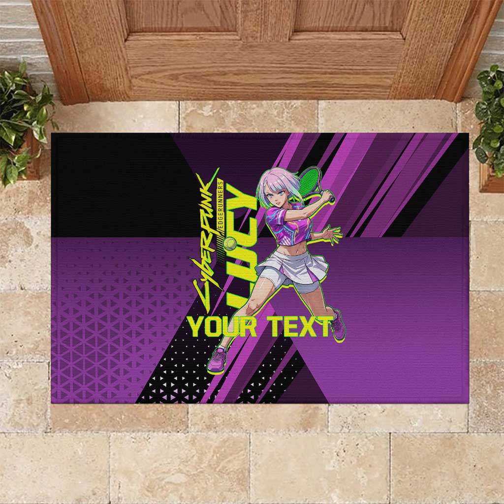 Personalized Lucy Tennis Design Rubber Doormat with a Cyberpunk Edgerunners Theme Featuring Neon Purple and Dynamic Poses