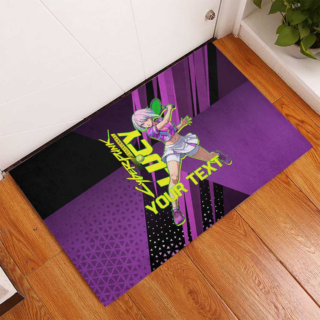 Personalized Lucy Tennis Design Rubber Doormat with a Cyberpunk Edgerunners Theme Featuring Neon Purple and Dynamic Poses