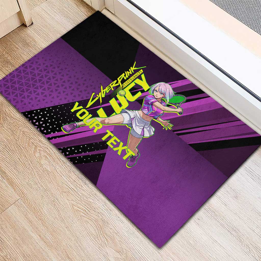 Personalized Lucy Tennis Design Rubber Doormat with a Cyberpunk Edgerunners Theme Featuring Neon Purple and Dynamic Poses