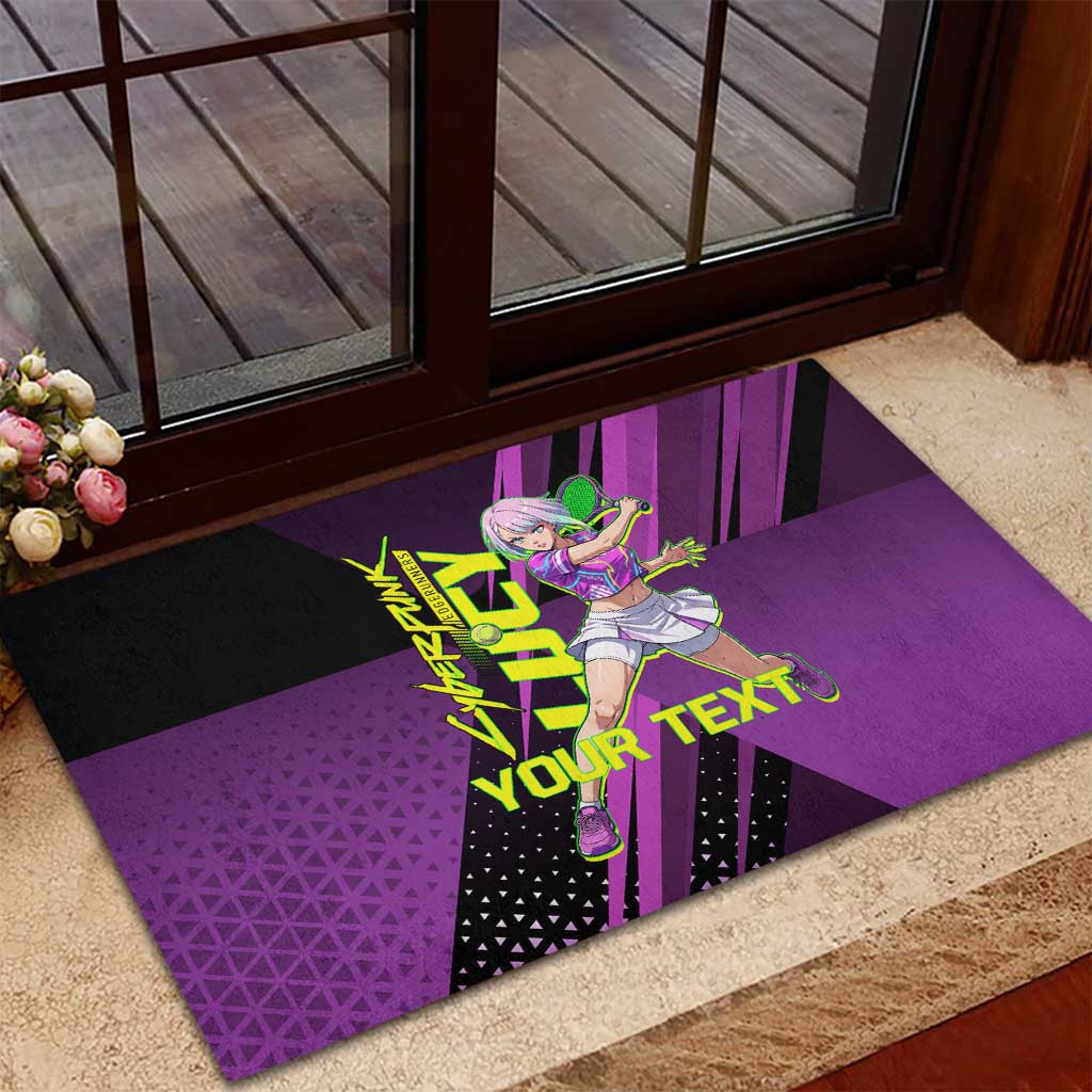 Personalized Lucy Tennis Design Rubber Doormat with a Cyberpunk Edgerunners Theme Featuring Neon Purple and Dynamic Poses
