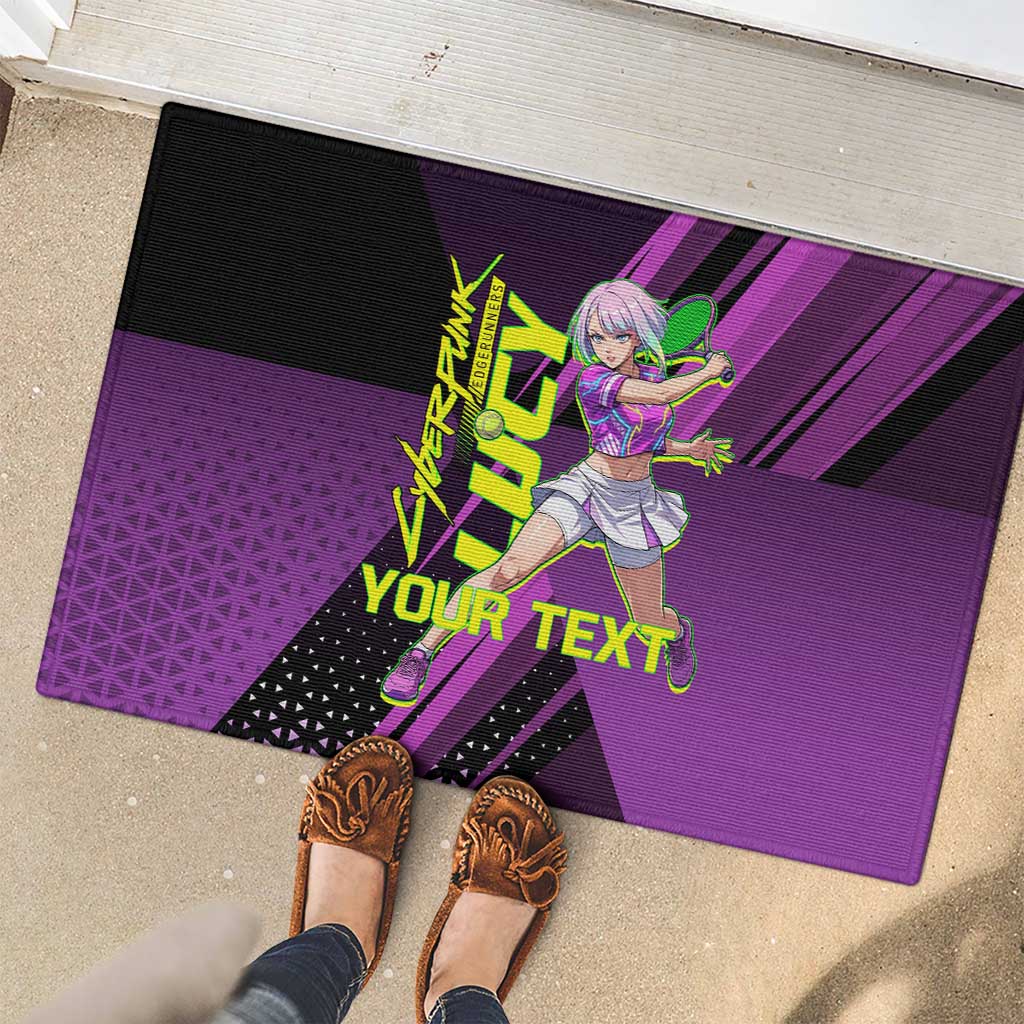 Personalized Lucy Tennis Design Rubber Doormat with a Cyberpunk Edgerunners Theme Featuring Neon Purple and Dynamic Poses