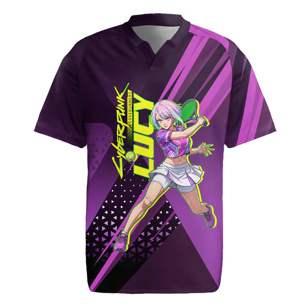 Personalized Lucy Tennis Design Rugby Jersey with a Cyberpunk Edgerunners Theme Featuring Neon Purple and Dynamic Poses