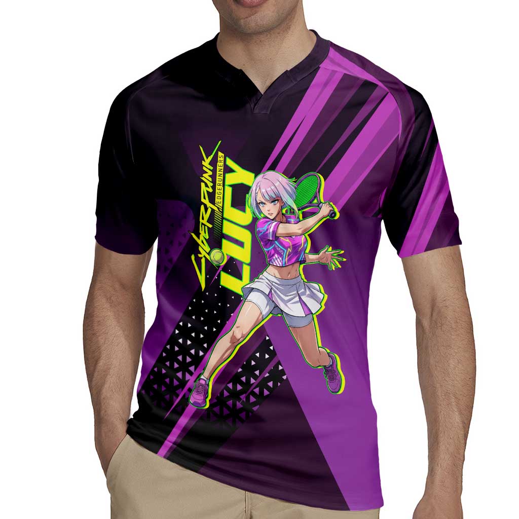 Personalized Lucy Tennis Design Rugby Jersey with a Cyberpunk Edgerunners Theme Featuring Neon Purple and Dynamic Poses
