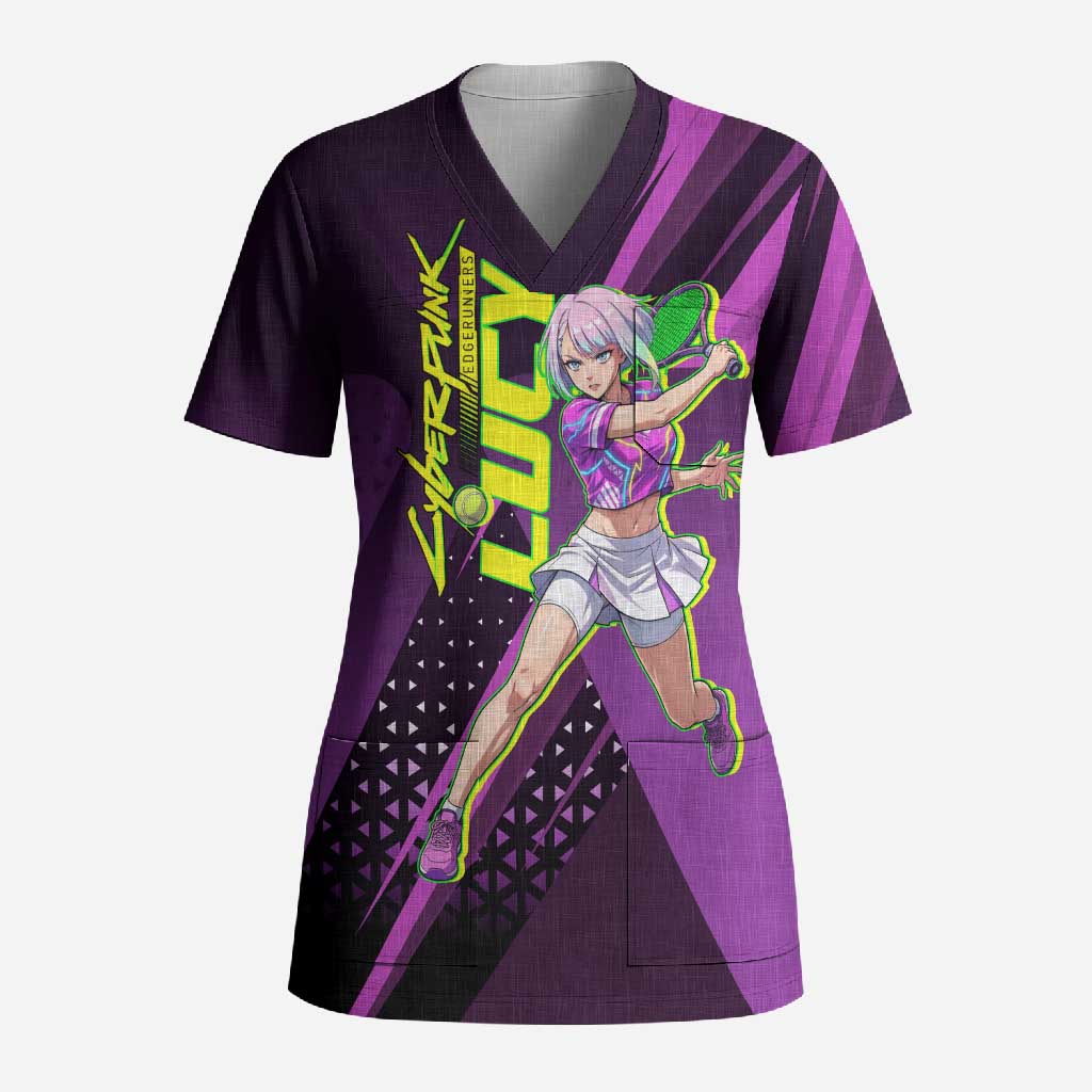 Personalized Lucy Tennis Design Scrub Top with a Cyberpunk Edgerunners Theme Featuring Neon Purple and Dynamic Poses
