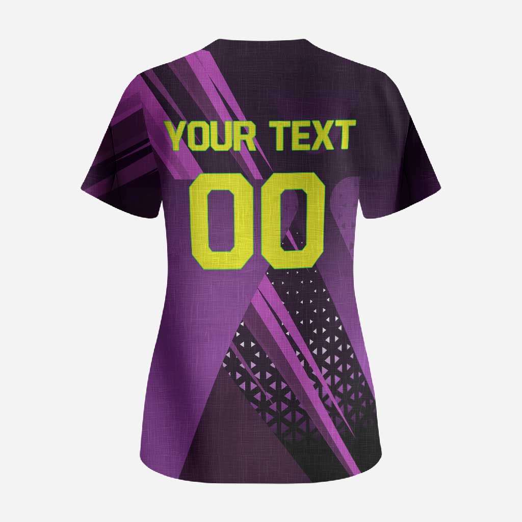 Personalized Lucy Tennis Design Scrub Top with a Cyberpunk Edgerunners Theme Featuring Neon Purple and Dynamic Poses