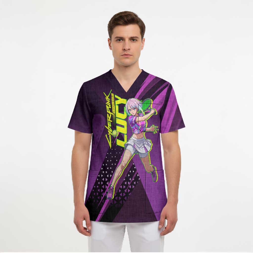 Personalized Lucy Tennis Design Scrub Top with a Cyberpunk Edgerunners Theme Featuring Neon Purple and Dynamic Poses