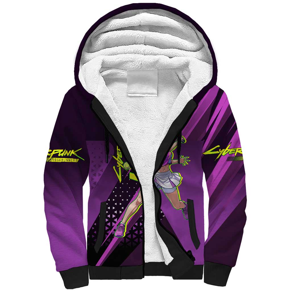 Personalized Lucy Tennis Design Sherpa Hoodie with a Cyberpunk Edgerunners Theme Featuring Neon Purple and Dynamic Poses