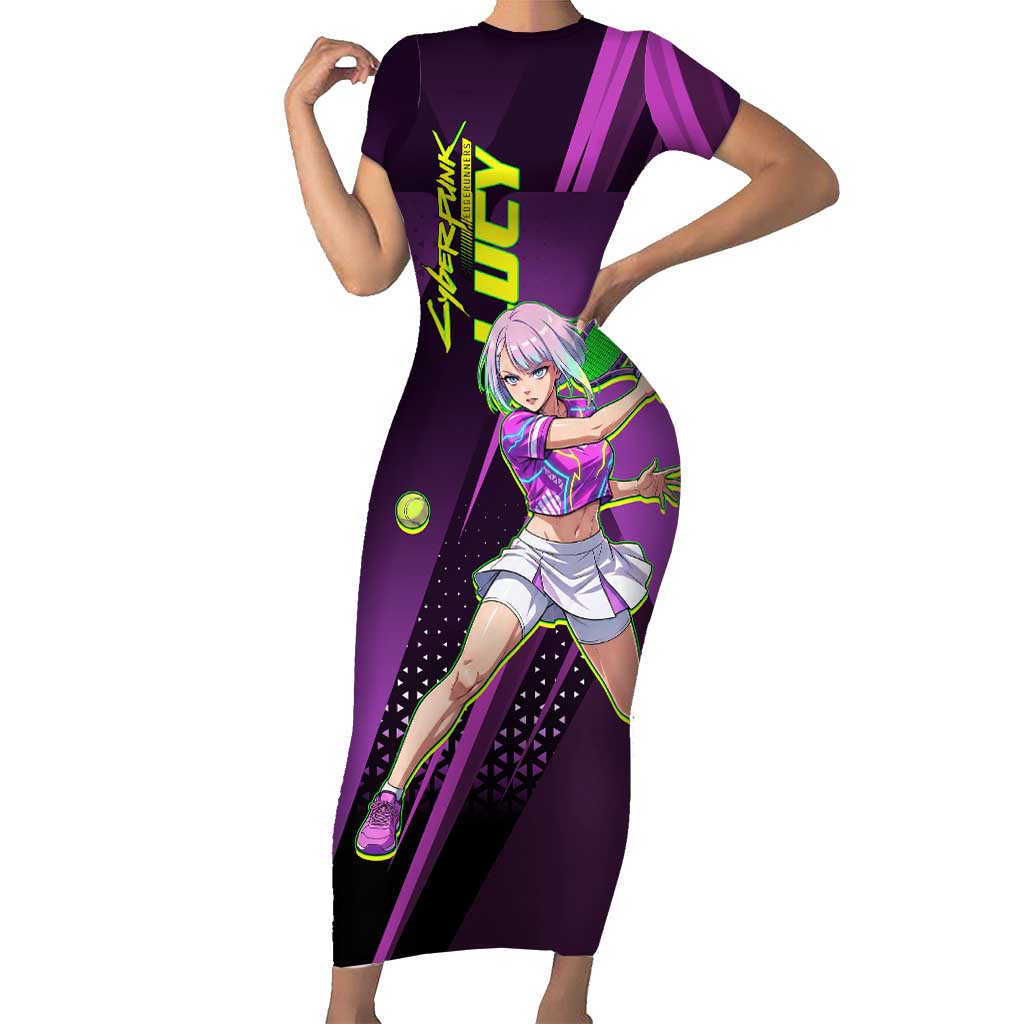 Personalized Lucy Tennis Design Short Sleeve Bodycon Dress with a Cyberpunk Edgerunners Theme Featuring Neon Purple and Dynamic Poses
