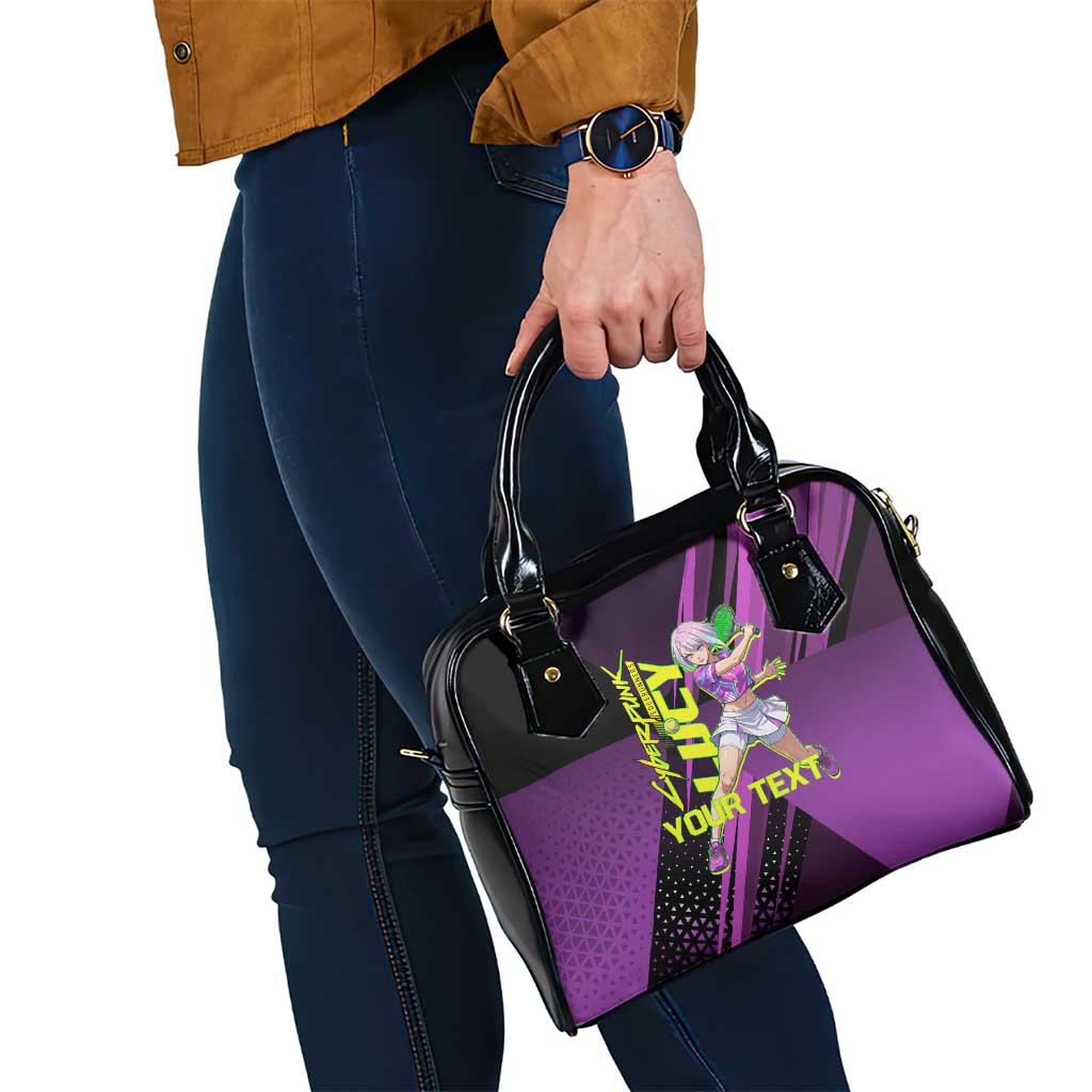 Personalized Lucy Tennis Design Shoulder Handbag with a Cyberpunk Edgerunners Theme Featuring Neon Purple and Dynamic Poses