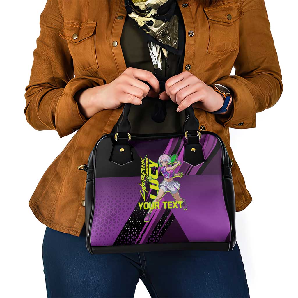 Personalized Lucy Tennis Design Shoulder Handbag with a Cyberpunk Edgerunners Theme Featuring Neon Purple and Dynamic Poses