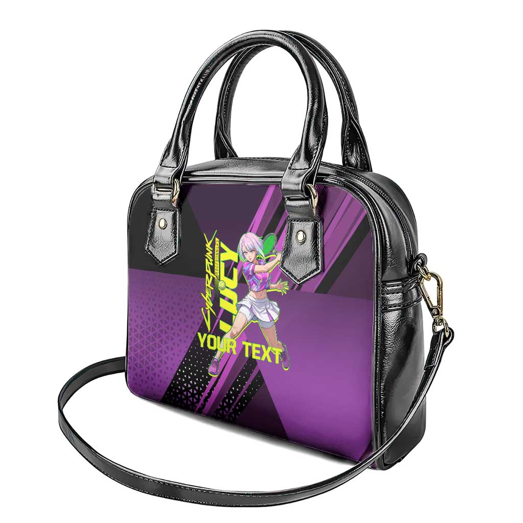 Personalized Lucy Tennis Design Shoulder Handbag with a Cyberpunk Edgerunners Theme Featuring Neon Purple and Dynamic Poses