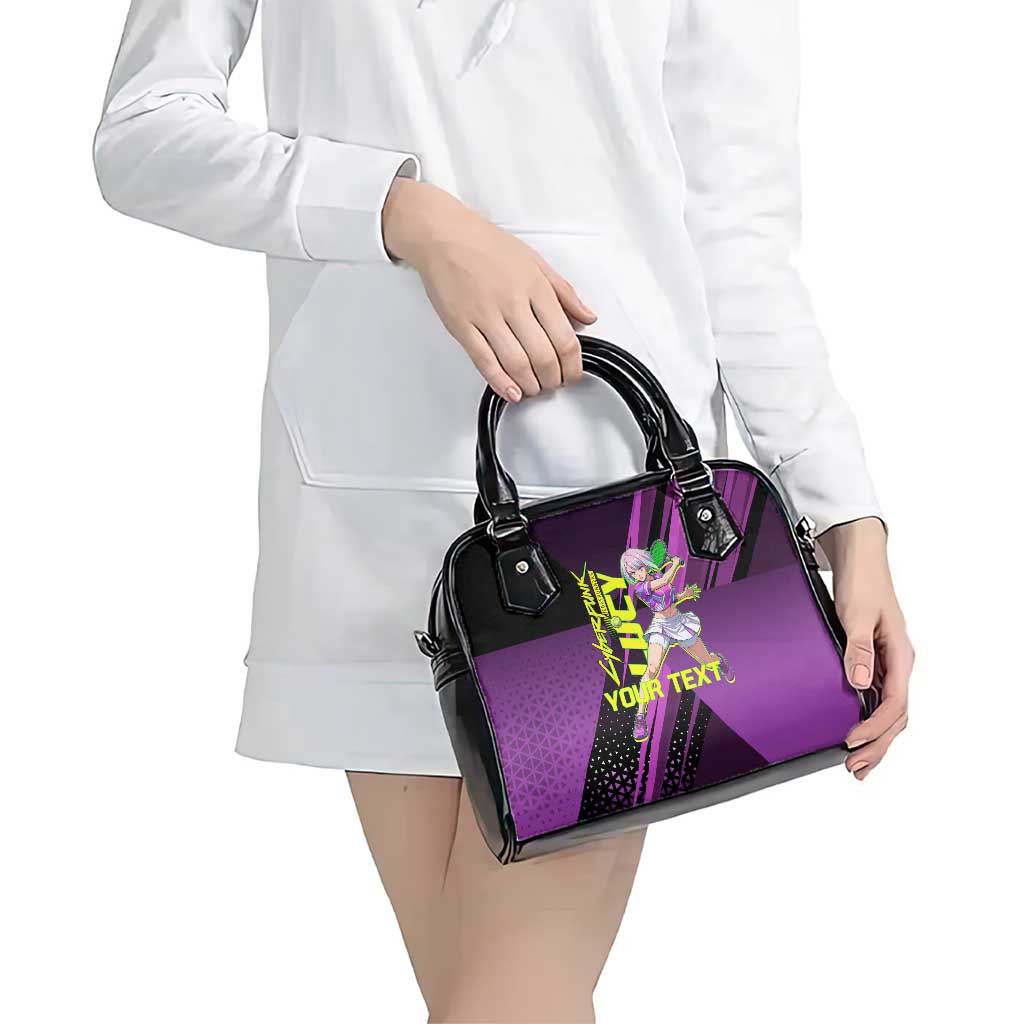 Personalized Lucy Tennis Design Shoulder Handbag with a Cyberpunk Edgerunners Theme Featuring Neon Purple and Dynamic Poses