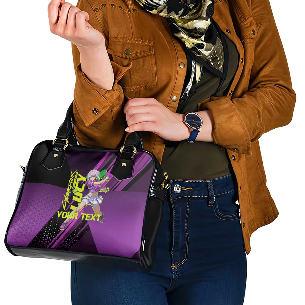 Personalized Lucy Tennis Design Shoulder Handbag with a Cyberpunk Edgerunners Theme Featuring Neon Purple and Dynamic Poses