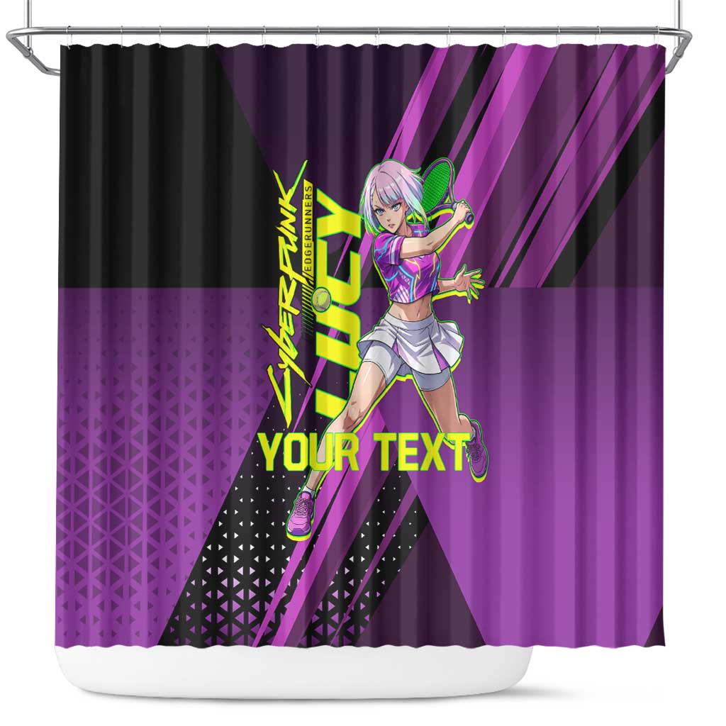 Personalized Lucy Tennis Design Shower Curtain with a Cyberpunk Edgerunners Theme Featuring Neon Purple and Dynamic Poses