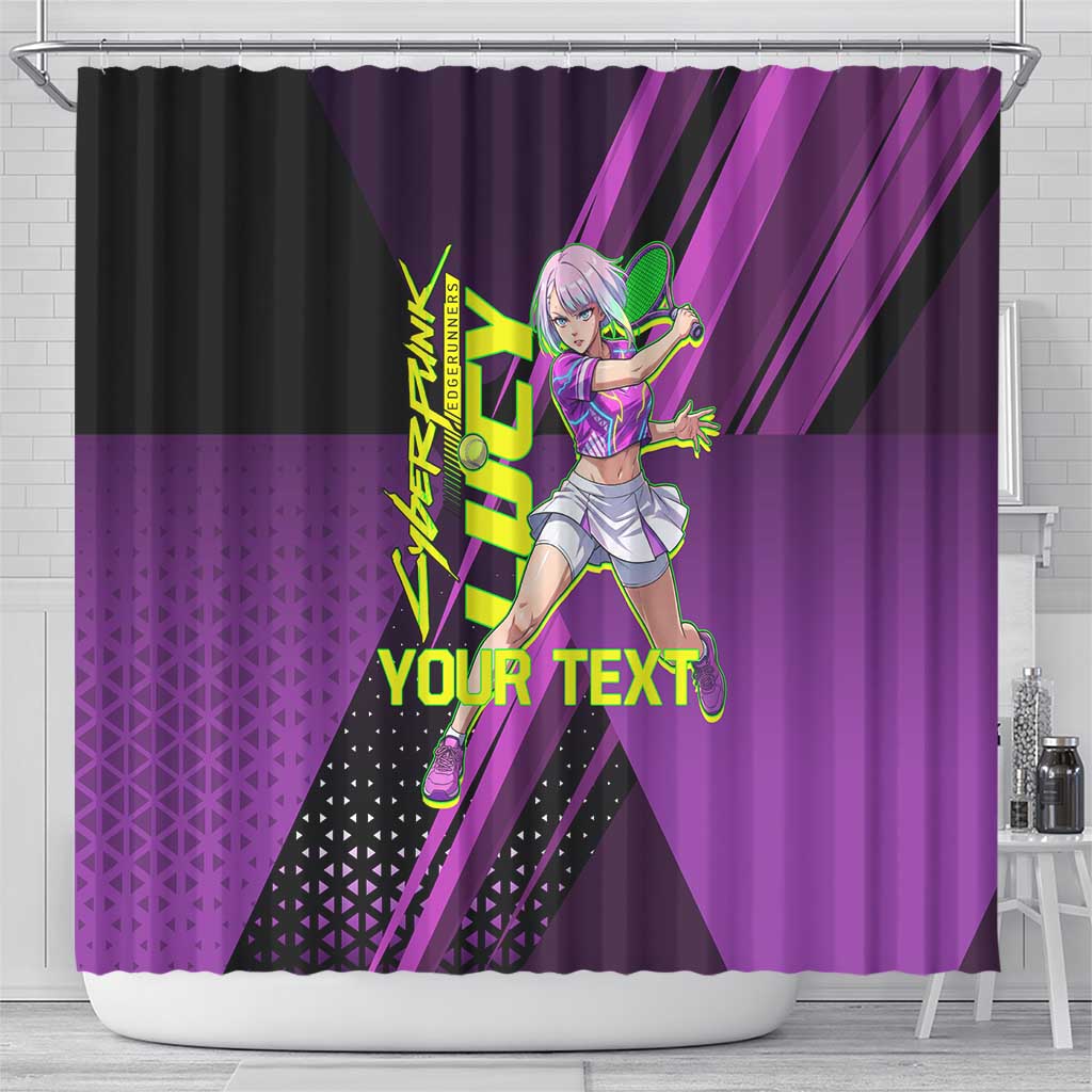 Personalized Lucy Tennis Design Shower Curtain with a Cyberpunk Edgerunners Theme Featuring Neon Purple and Dynamic Poses