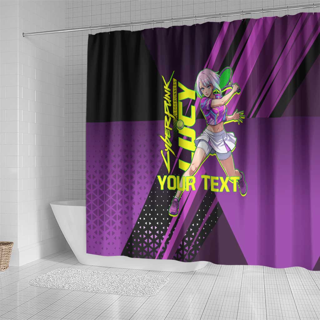 Personalized Lucy Tennis Design Shower Curtain with a Cyberpunk Edgerunners Theme Featuring Neon Purple and Dynamic Poses