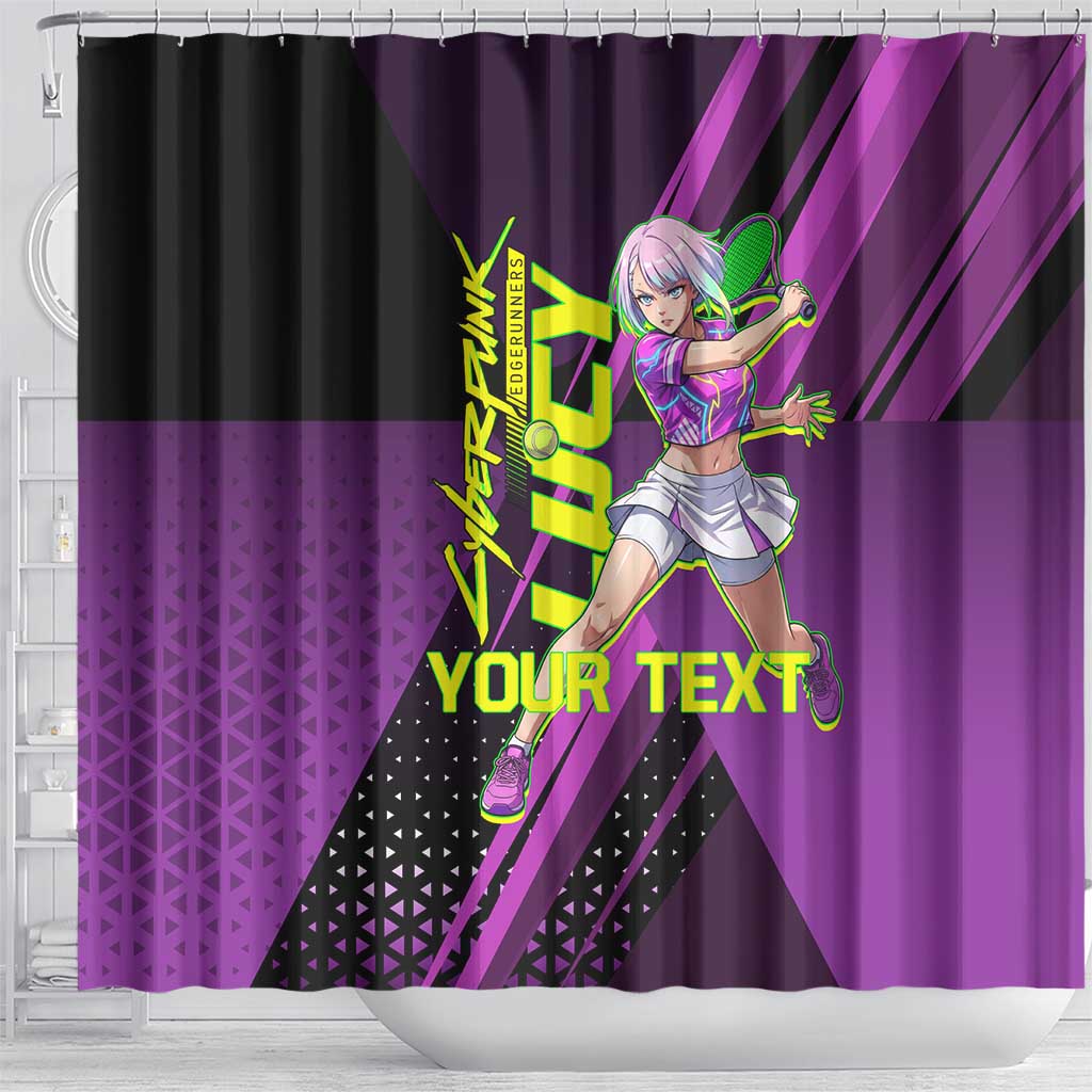 Personalized Lucy Tennis Design Shower Curtain with a Cyberpunk Edgerunners Theme Featuring Neon Purple and Dynamic Poses