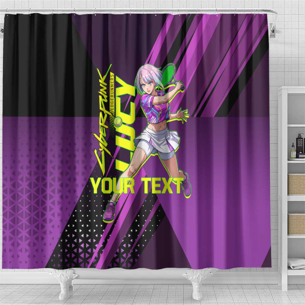 Personalized Lucy Tennis Design Shower Curtain with a Cyberpunk Edgerunners Theme Featuring Neon Purple and Dynamic Poses