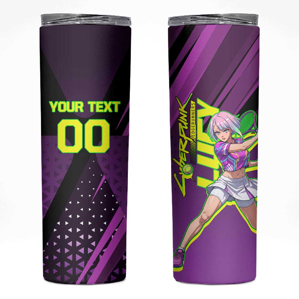 Personalized Lucy Tennis Design Skinny Tumbler with a Cyberpunk Edgerunners Theme Featuring Neon Purple and Dynamic Poses