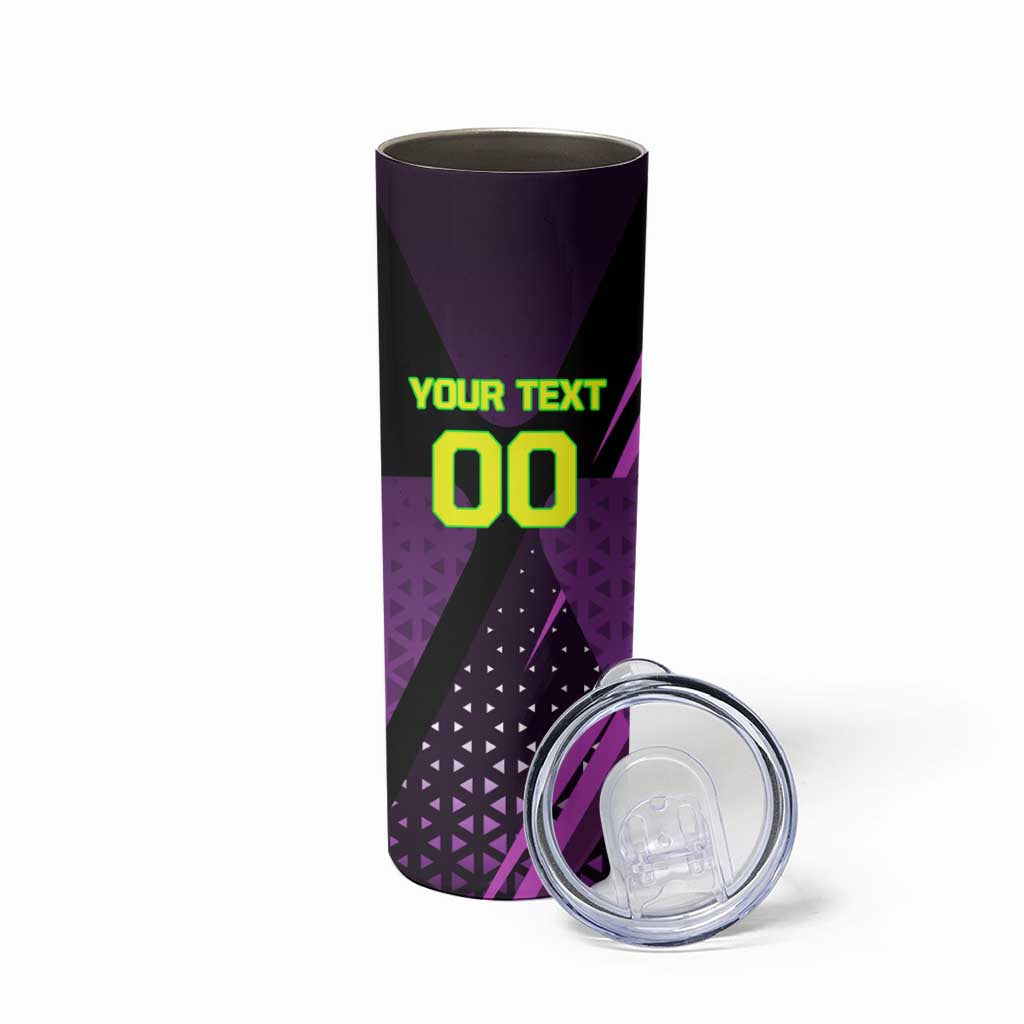 Personalized Lucy Tennis Design Skinny Tumbler with a Cyberpunk Edgerunners Theme Featuring Neon Purple and Dynamic Poses