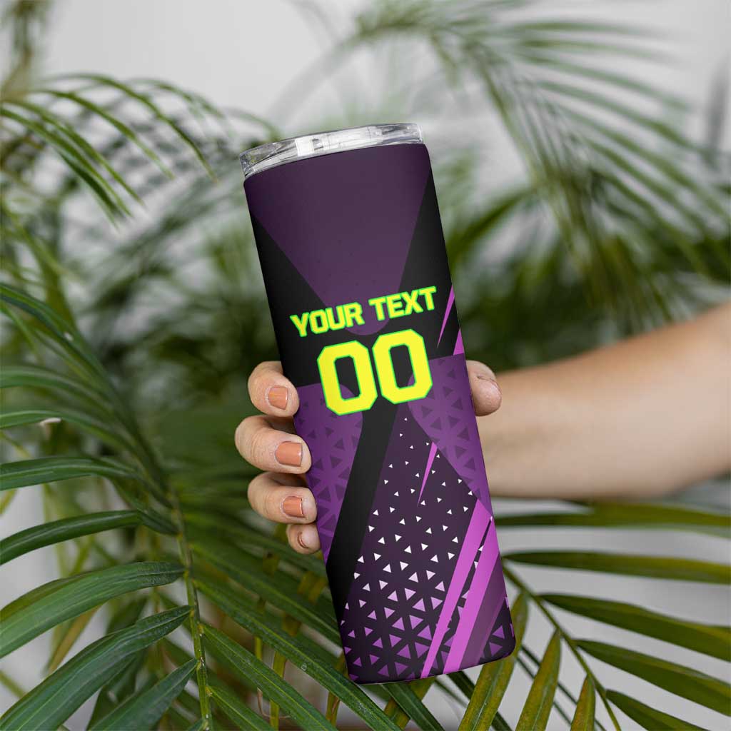 Personalized Lucy Tennis Design Skinny Tumbler with a Cyberpunk Edgerunners Theme Featuring Neon Purple and Dynamic Poses