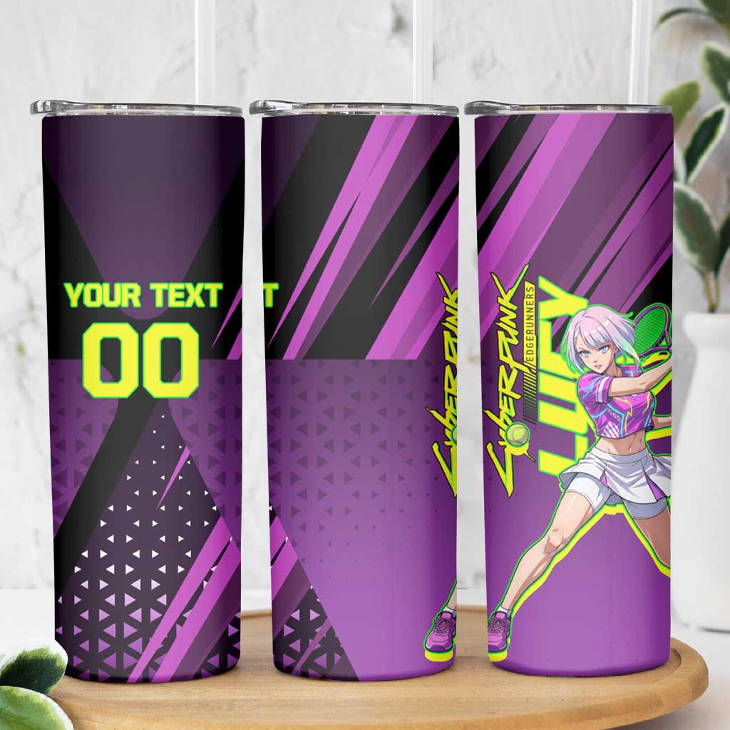 Personalized Lucy Tennis Design Skinny Tumbler with a Cyberpunk Edgerunners Theme Featuring Neon Purple and Dynamic Poses
