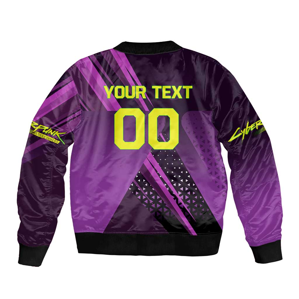 Personalized Lucy Tennis Design Sleeve Zip Bomber Jacket with a Cyberpunk Edgerunners Theme Featuring Neon Purple and Dynamic Poses