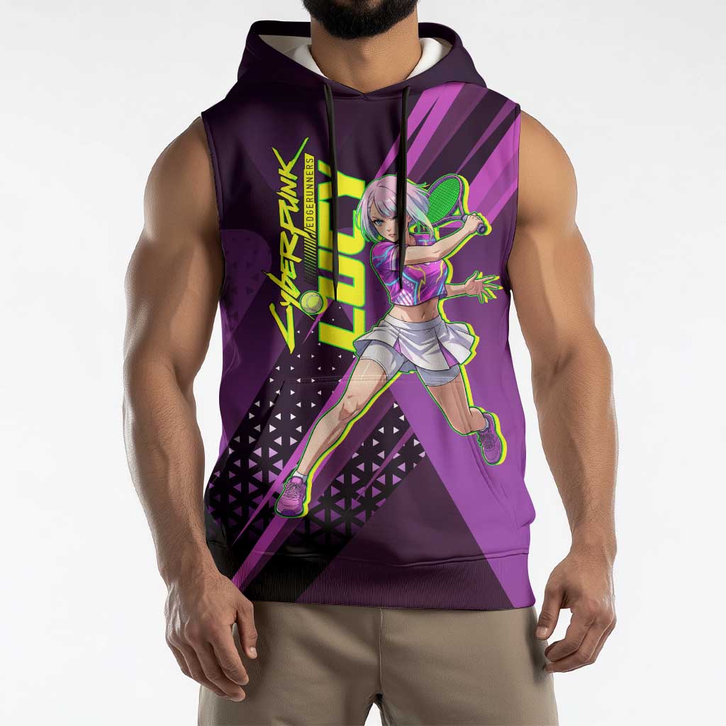 Personalized Lucy Tennis Design Sleeveless Hoodie with a Cyberpunk Edgerunners Theme Featuring Neon Purple and Dynamic Poses