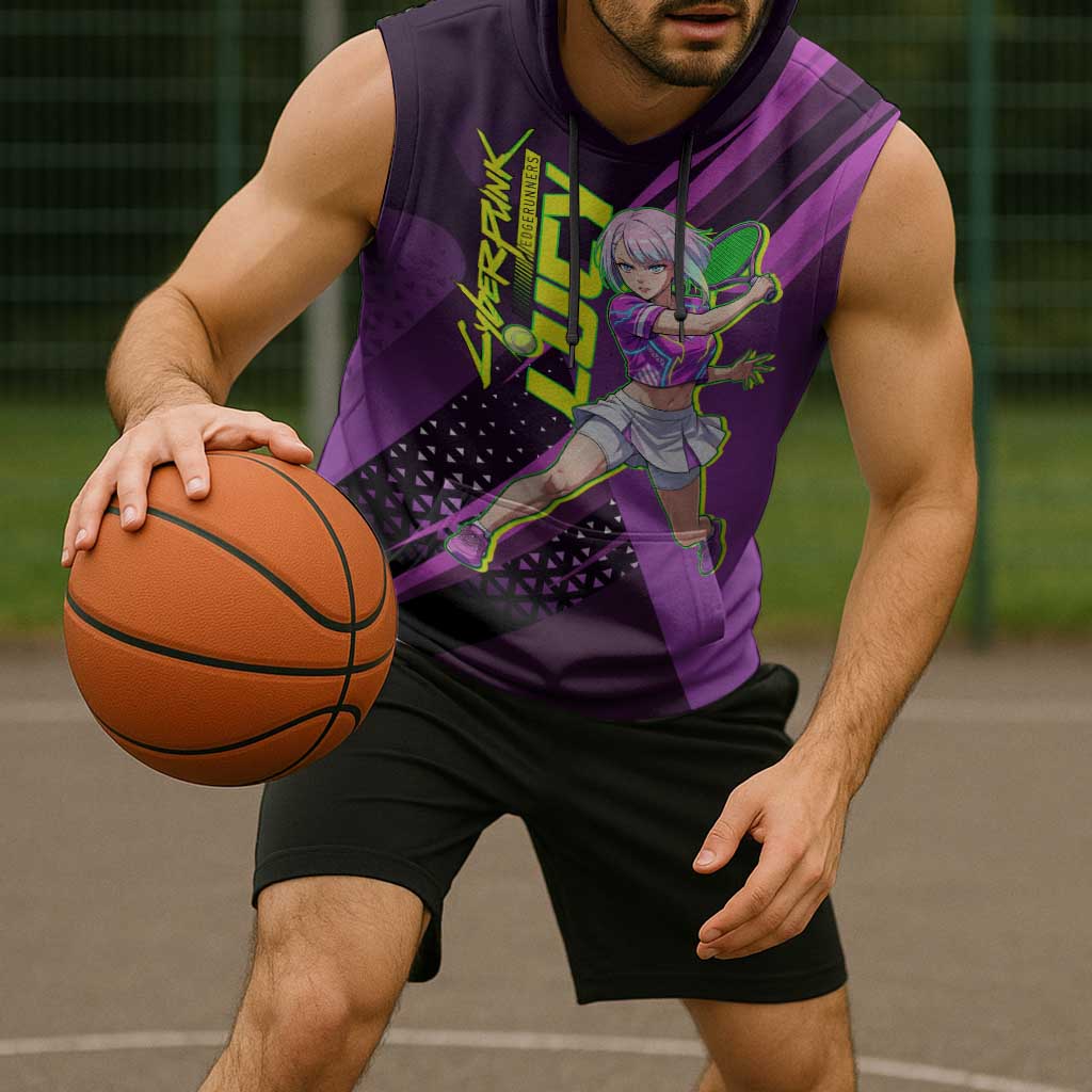 Personalized Lucy Tennis Design Sleeveless Hoodie with a Cyberpunk Edgerunners Theme Featuring Neon Purple and Dynamic Poses