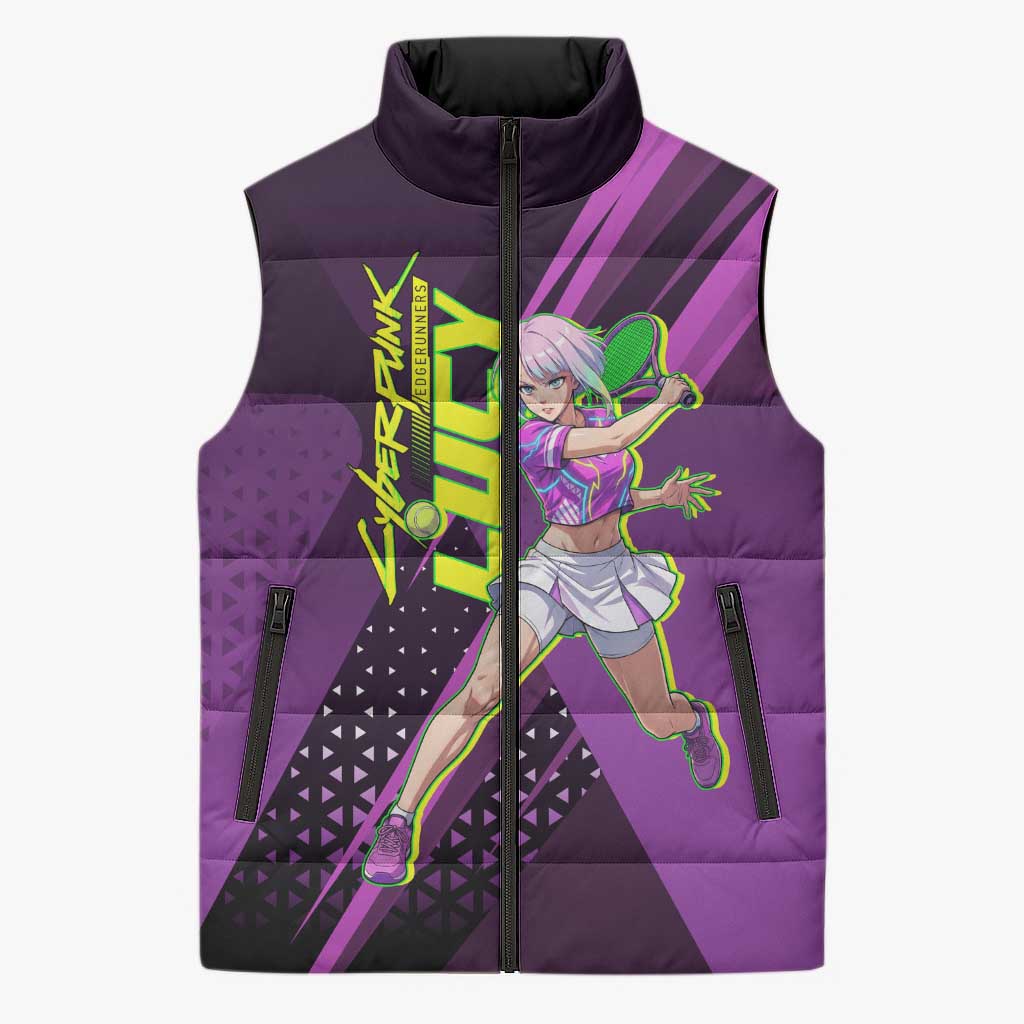 Personalized Lucy Tennis Design Sleeveless Puffer Jacket with a Cyberpunk Edgerunners Theme Featuring Neon Purple and Dynamic Poses