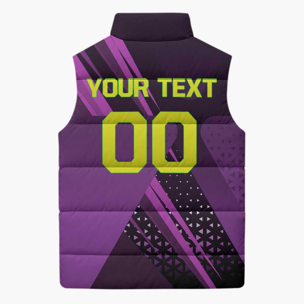 Personalized Lucy Tennis Design Sleeveless Puffer Jacket with a Cyberpunk Edgerunners Theme Featuring Neon Purple and Dynamic Poses