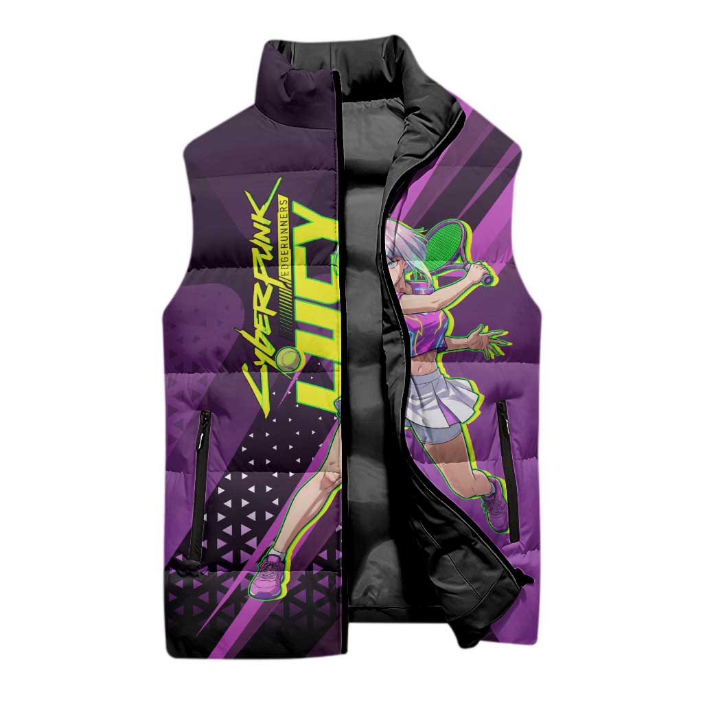 Personalized Lucy Tennis Design Sleeveless Puffer Jacket with a Cyberpunk Edgerunners Theme Featuring Neon Purple and Dynamic Poses