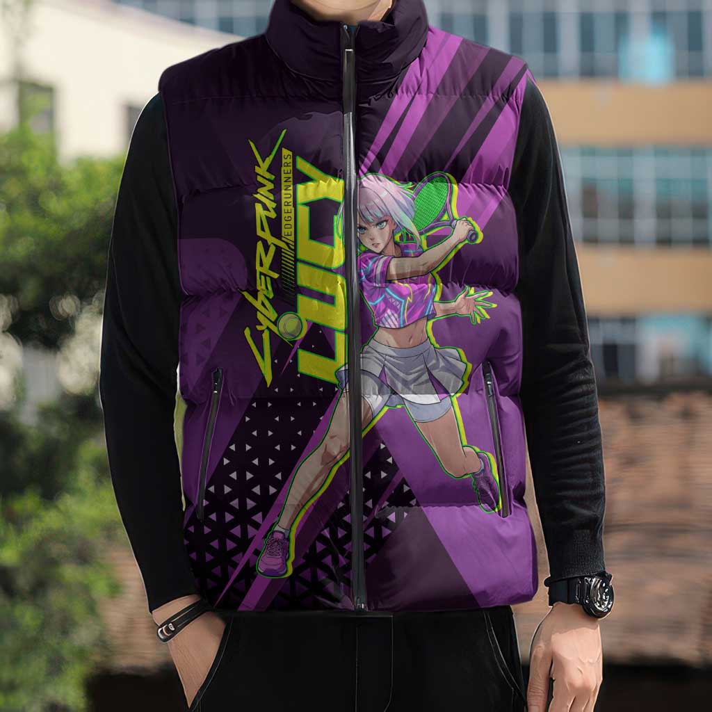 Personalized Lucy Tennis Design Sleeveless Puffer Jacket with a Cyberpunk Edgerunners Theme Featuring Neon Purple and Dynamic Poses