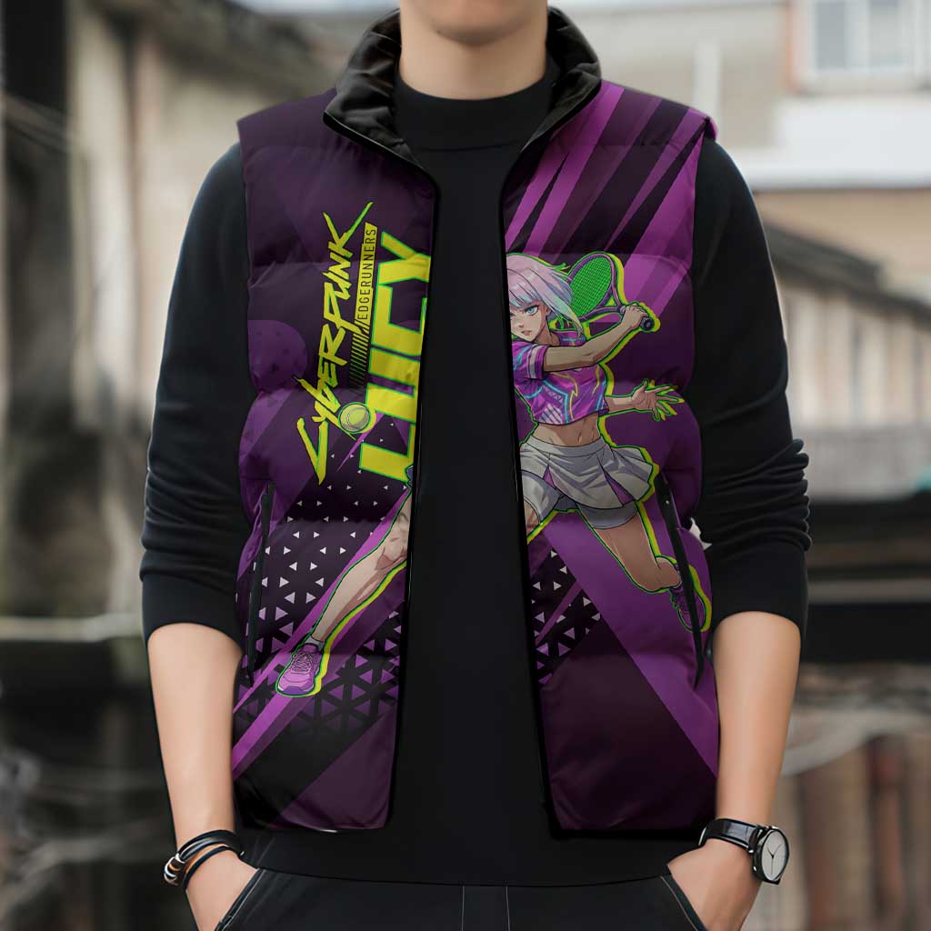 Personalized Lucy Tennis Design Sleeveless Puffer Jacket with a Cyberpunk Edgerunners Theme Featuring Neon Purple and Dynamic Poses
