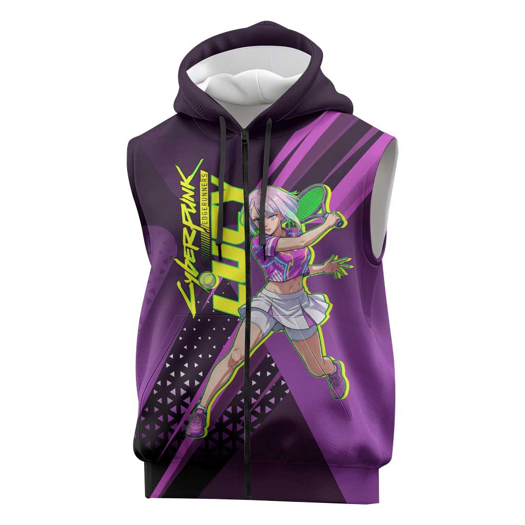 Personalized Lucy Tennis Design Sleeveless Zip Hoodie with a Cyberpunk Edgerunners Theme Featuring Neon Purple and Dynamic Poses