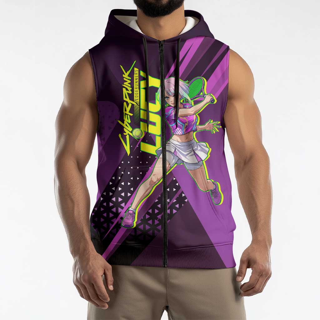Personalized Lucy Tennis Design Sleeveless Zip Hoodie with a Cyberpunk Edgerunners Theme Featuring Neon Purple and Dynamic Poses